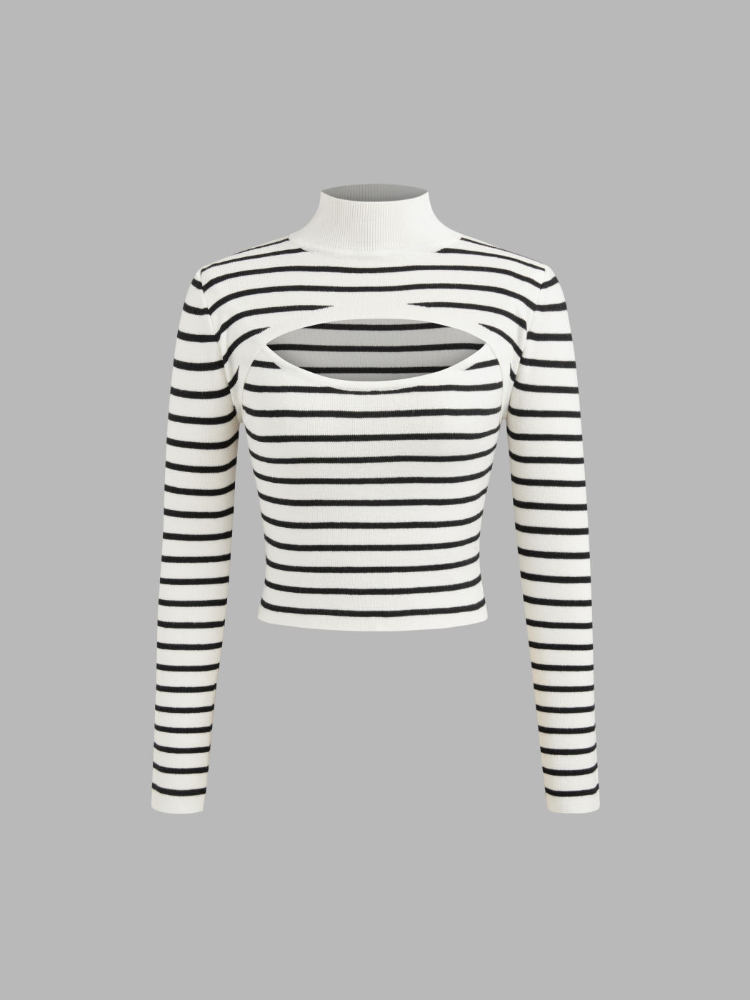 Stand Neck Stripe Cut Out Knitted Crop Long Sleeve Top