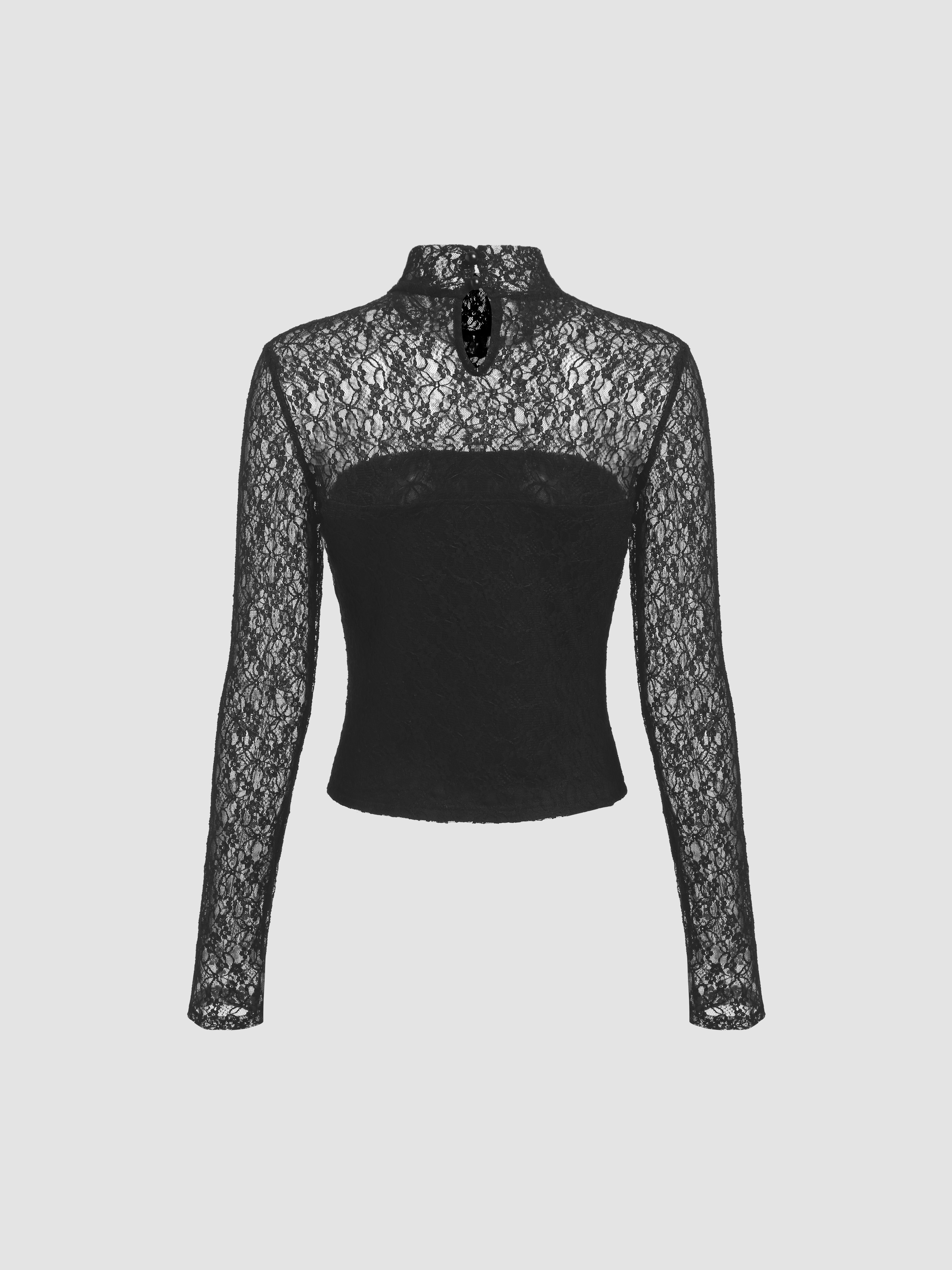 トップス Dot lace see-through top (high neck) DNLKWGO Elegant High Necked Lace Shirt Lace Collar Tops Half