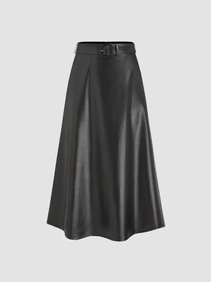 Faux Leather High Waist Belted Maxi Skirt For Coffee Shop Work