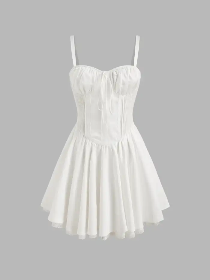 V-neck Floral Embroidery Bowknot Button Mini Dress