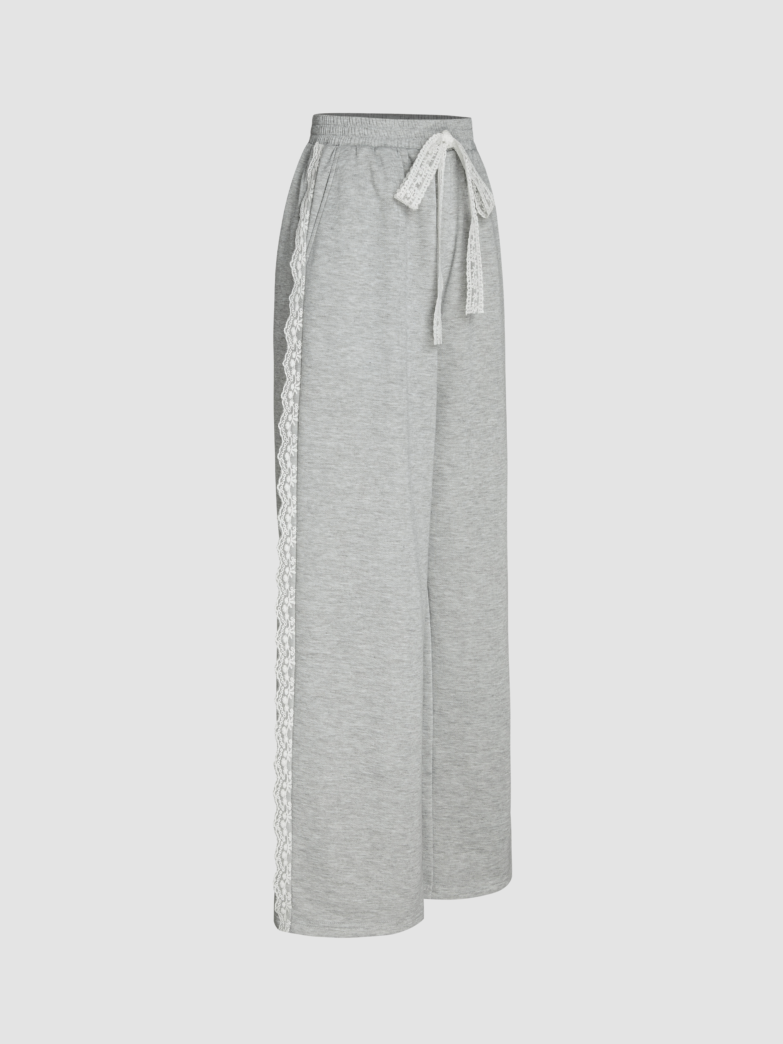 Terry Mid Rise Lace Trim Knotted Straight Leg Trousers For