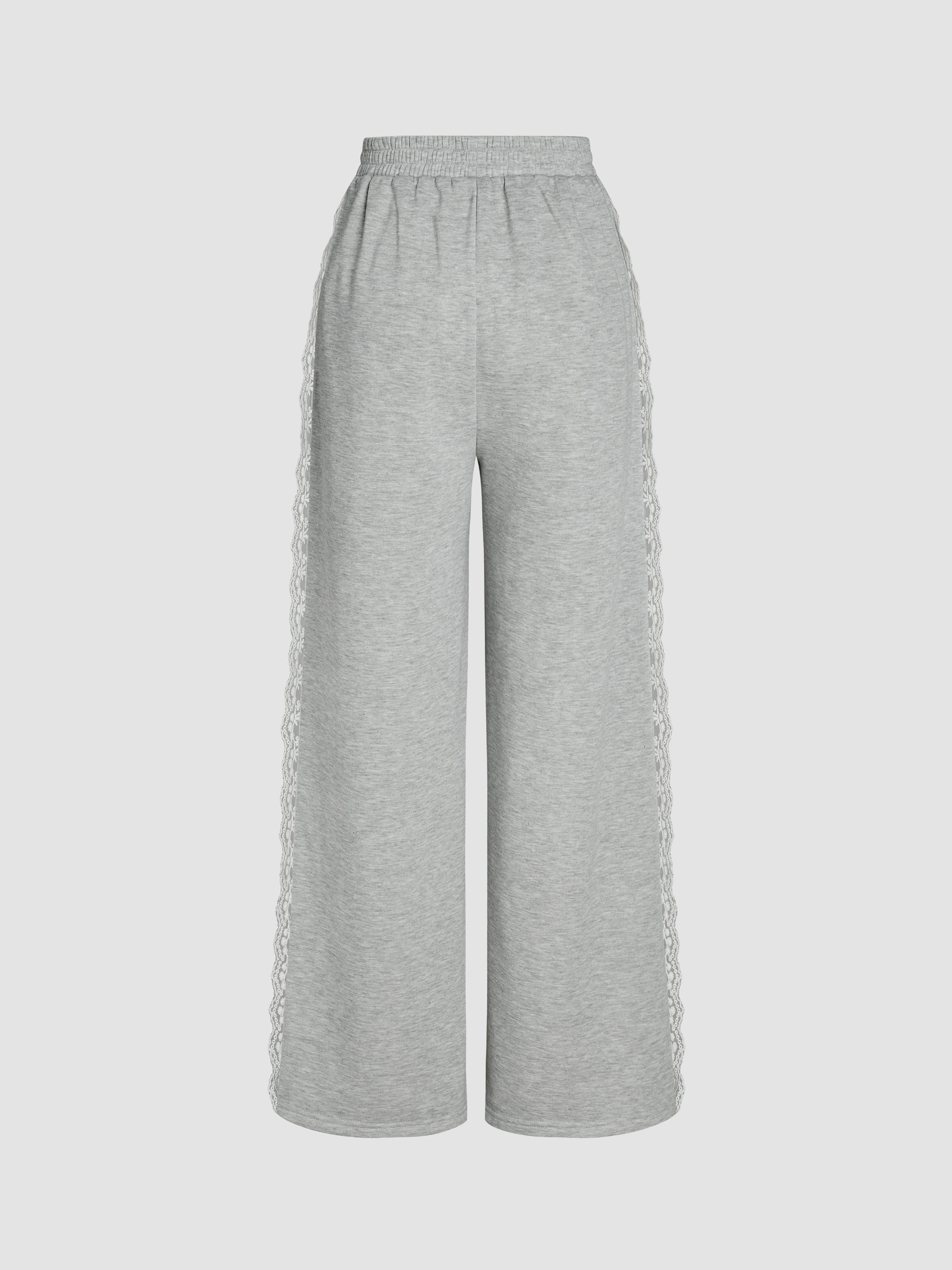 Terry Mid Rise Lace Trim Knotted Straight Leg Trousers For