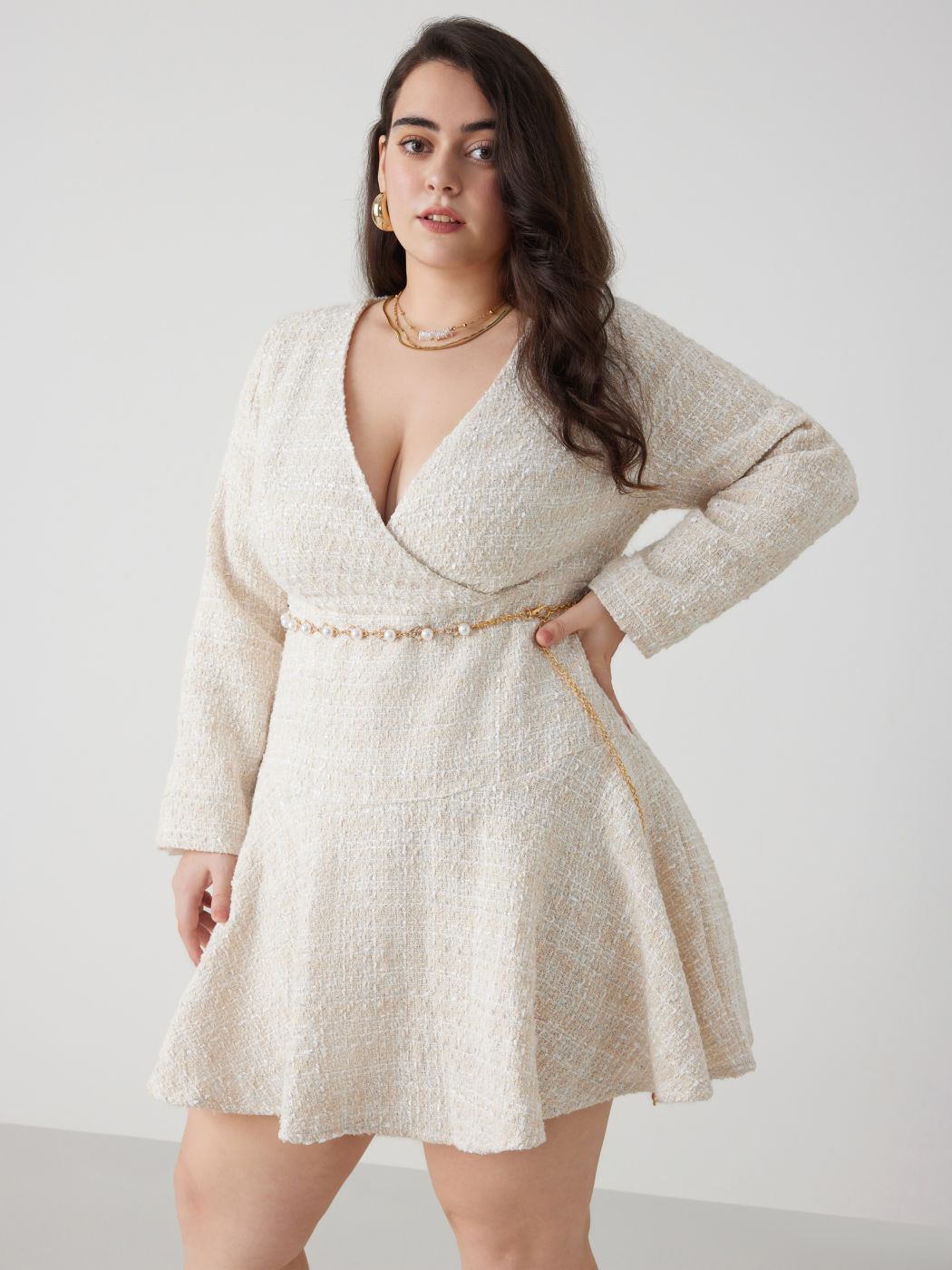 Tweed V-neck Solid Faux Pearl Mini Dress Curve & Plus