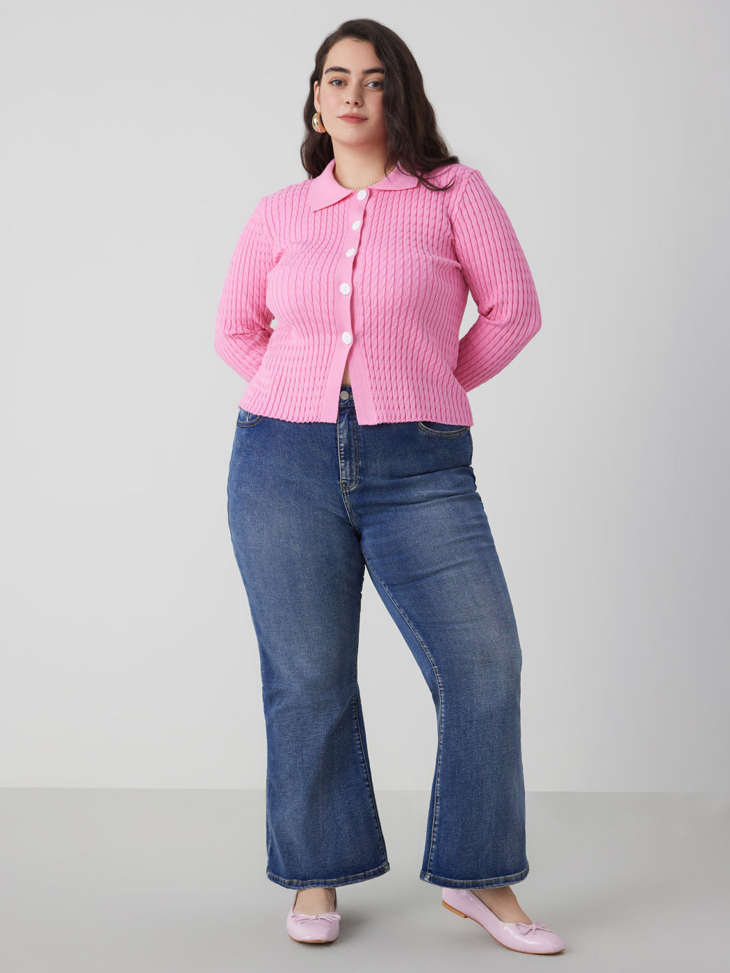Cardigan in maglia con colletto e bottoni solidi Curve & Plus