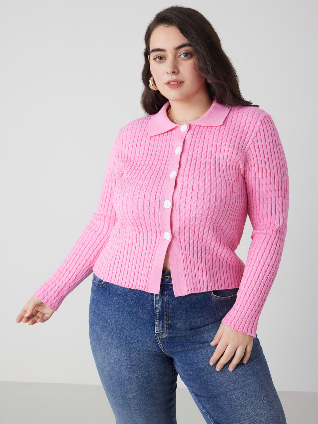 Cardigan in maglia con colletto e bottoni solidi Curve & Plus