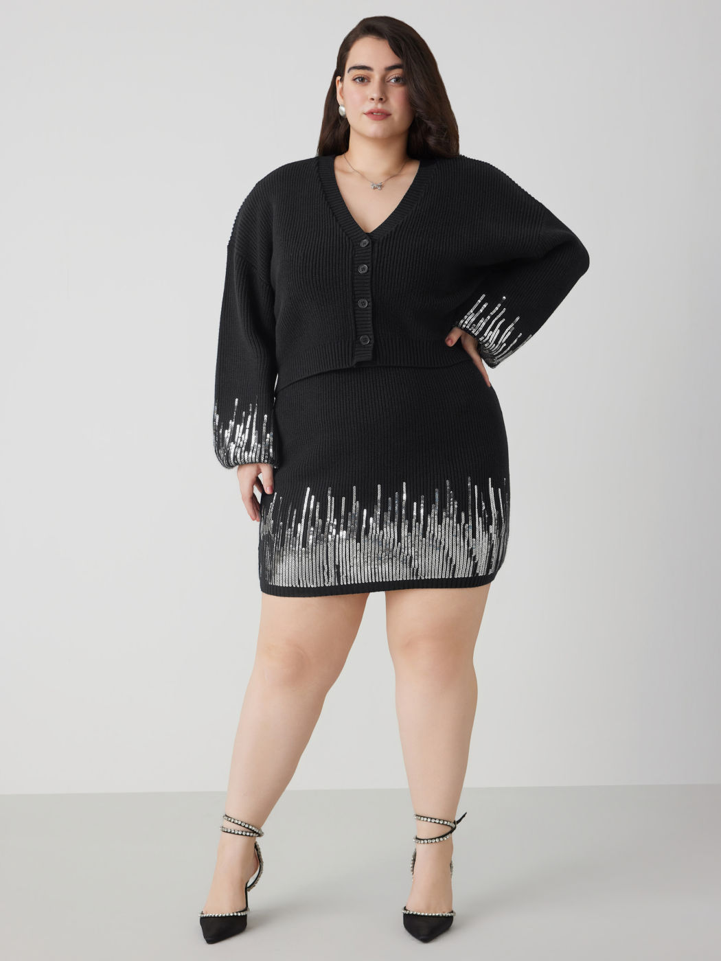 V-neck Sequin Sleeve Button Cardigan Curve & Plus