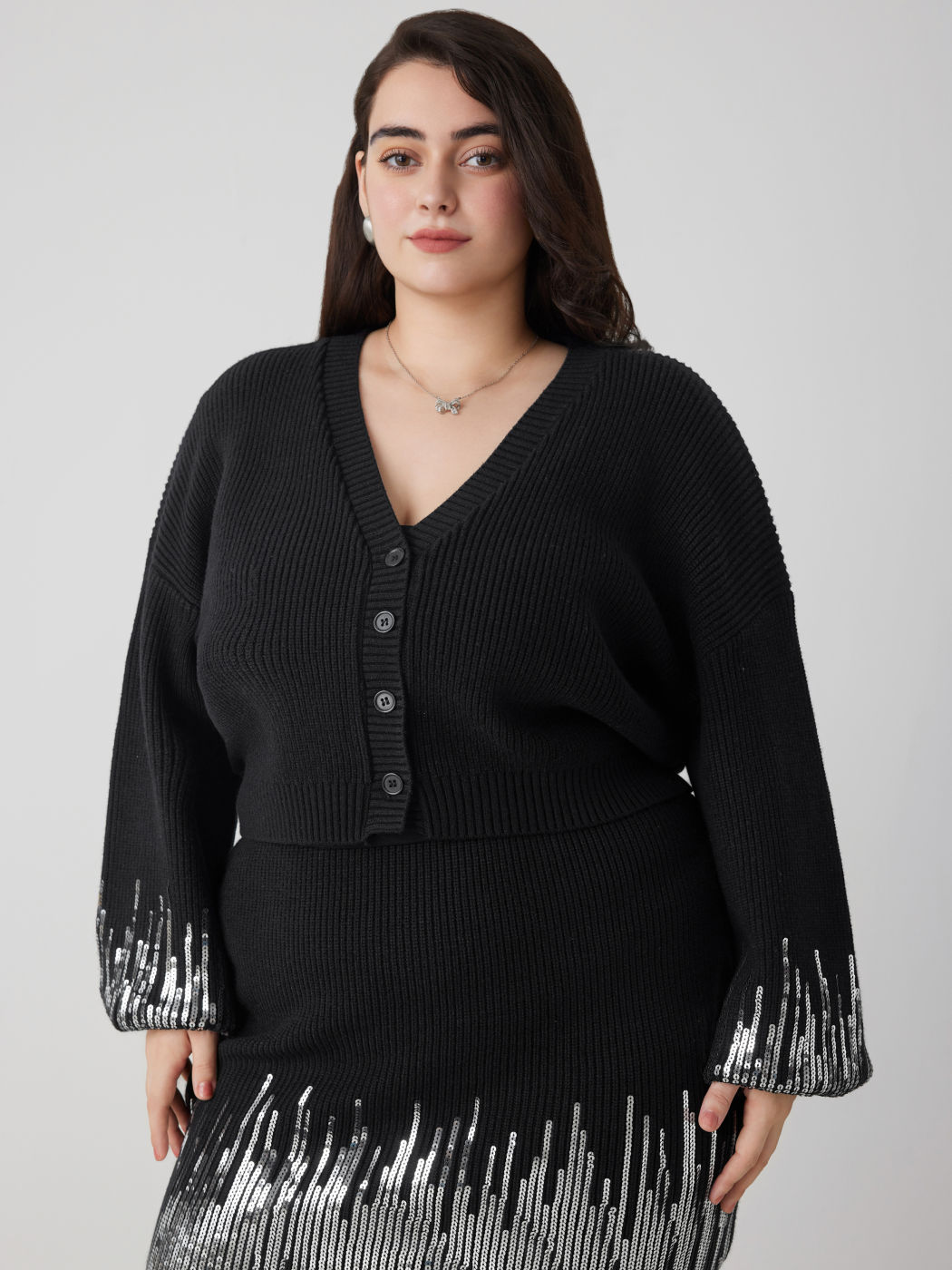 V-neck Sequin Sleeve Button Cardigan Curve & Plus