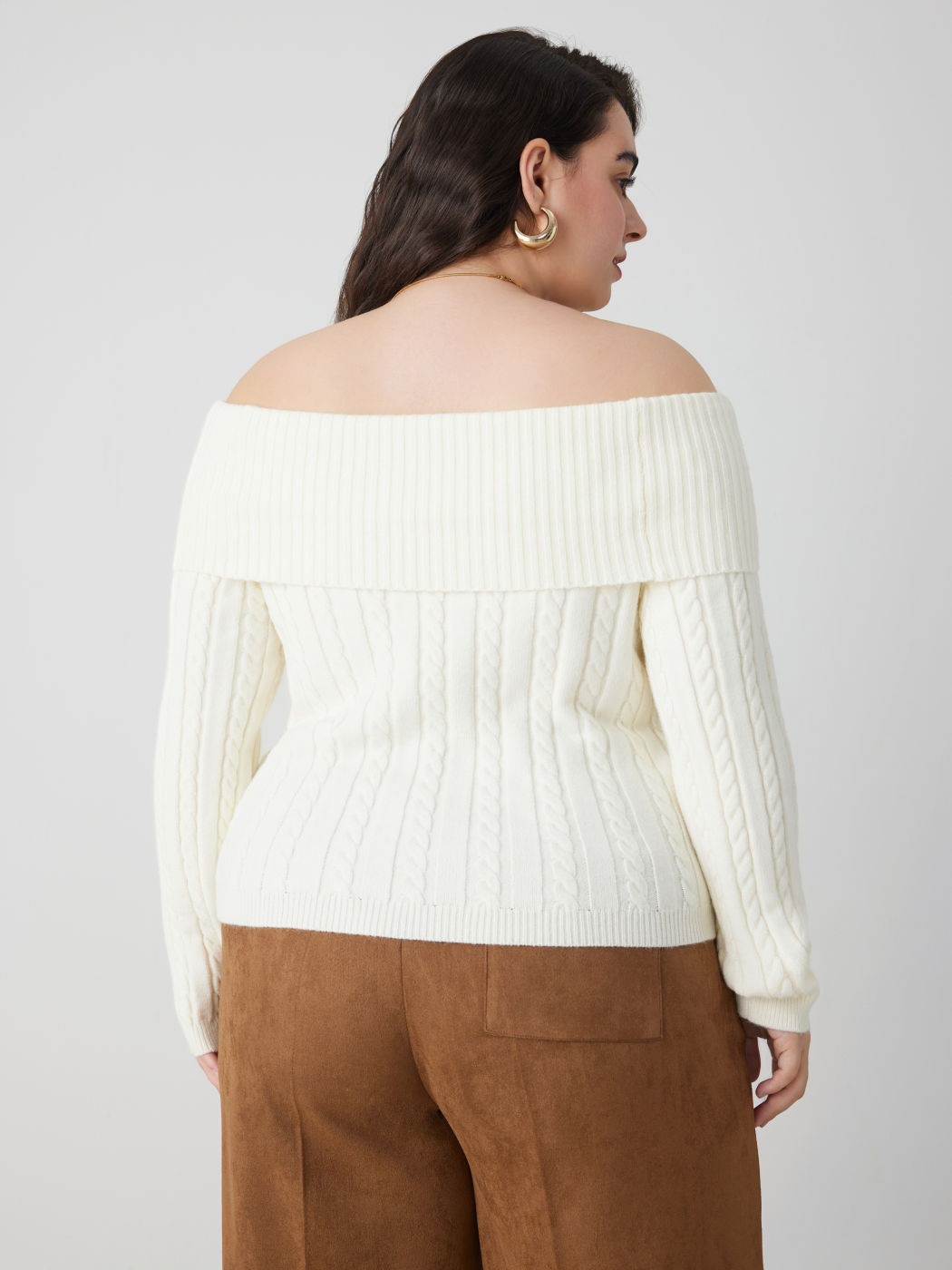 Cable Knit Off-shoulder Solid Long Sleeve Sweater Curve & Plus