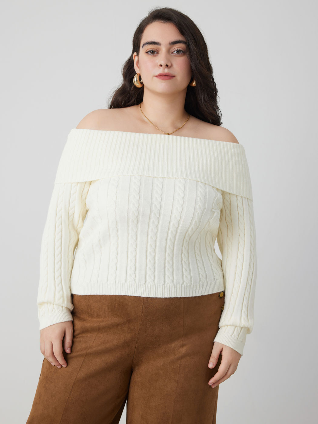 Cable Knit Off-shoulder Solid Long Sleeve Sweater Curve & Plus