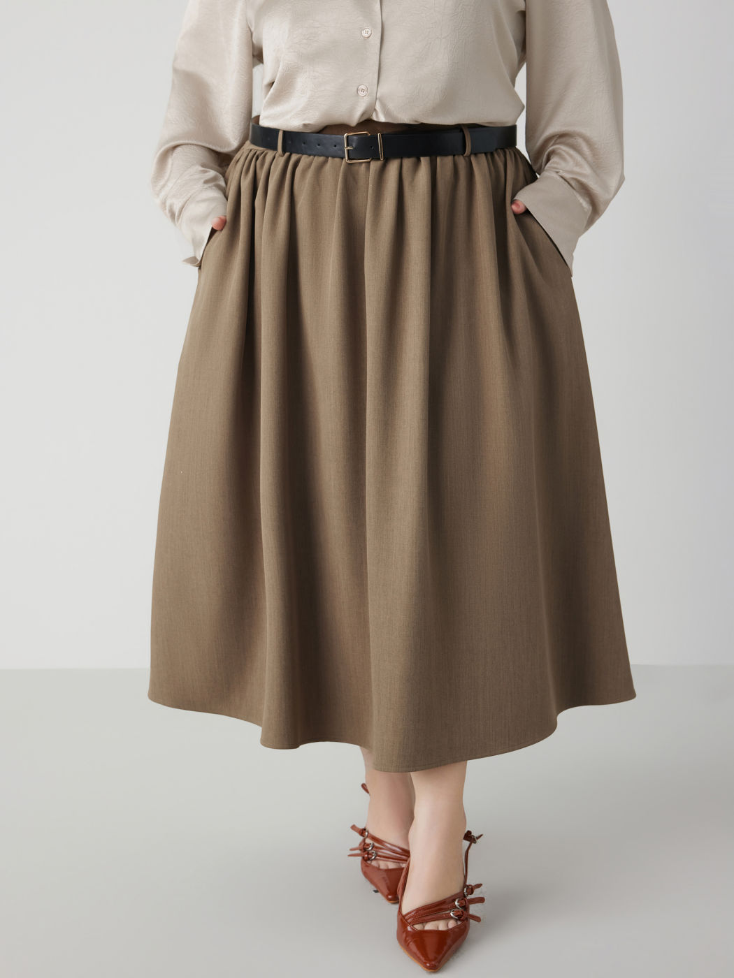 Mid Waist Solid Belted Maxi Skirt Curve & Plus