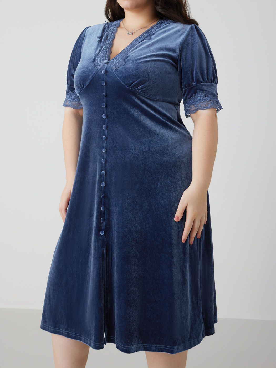 Plunging V-Neck Long Sleeve Velvet Dress Sky Blue Plus Size main image 1