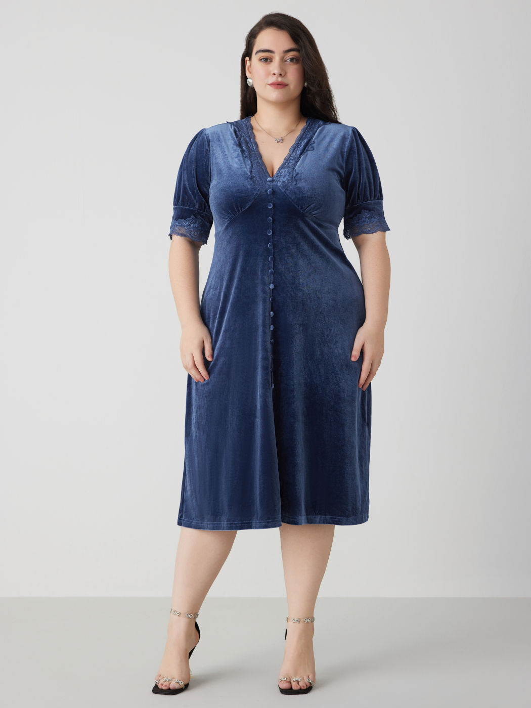 Puff Long Sleeve Mesh Midi Velvet Dress HV9013 main image 0