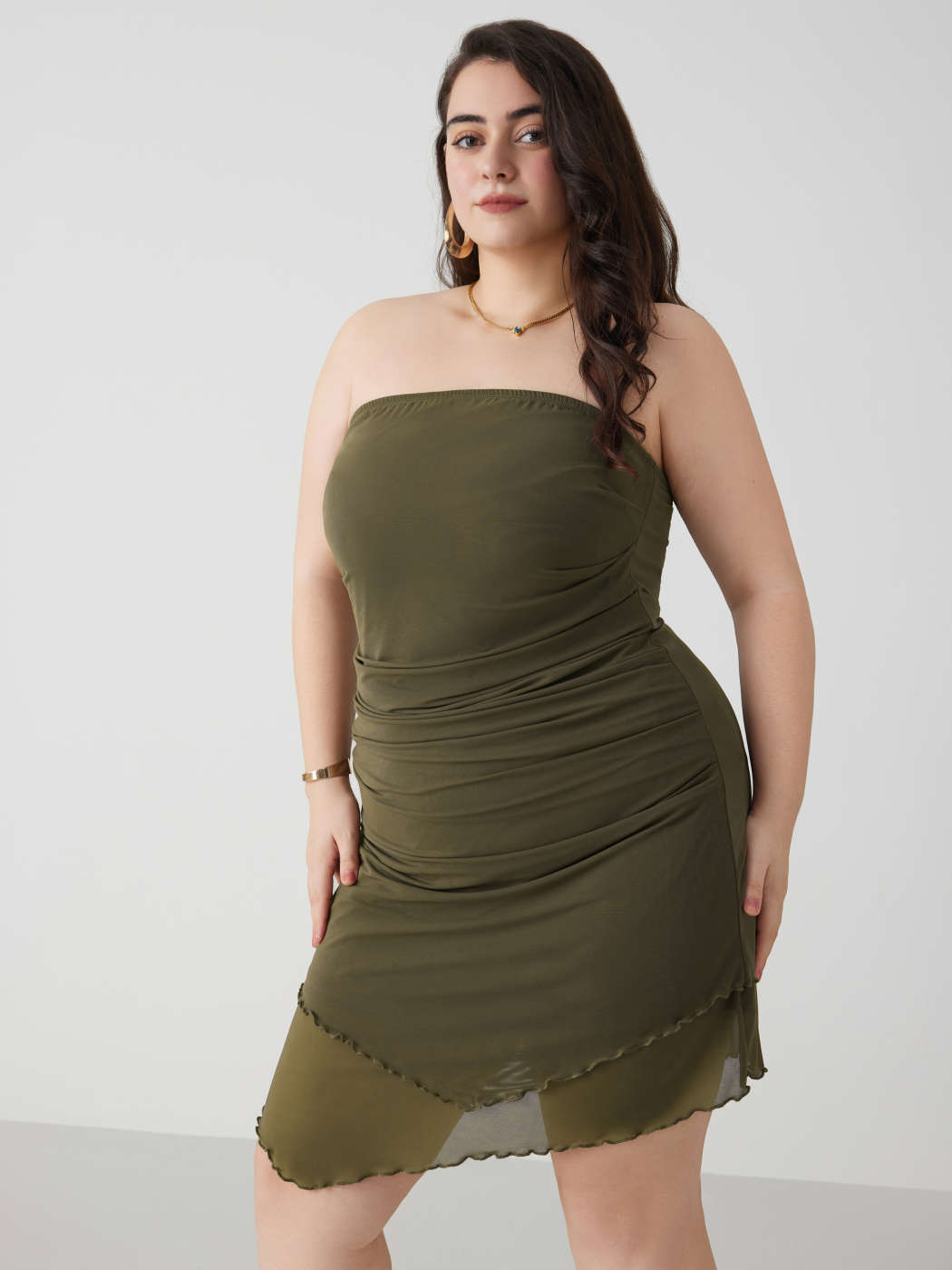 HOT Mini Dress Olive Green Tube Dress Solid Ruffle Ruched Tube