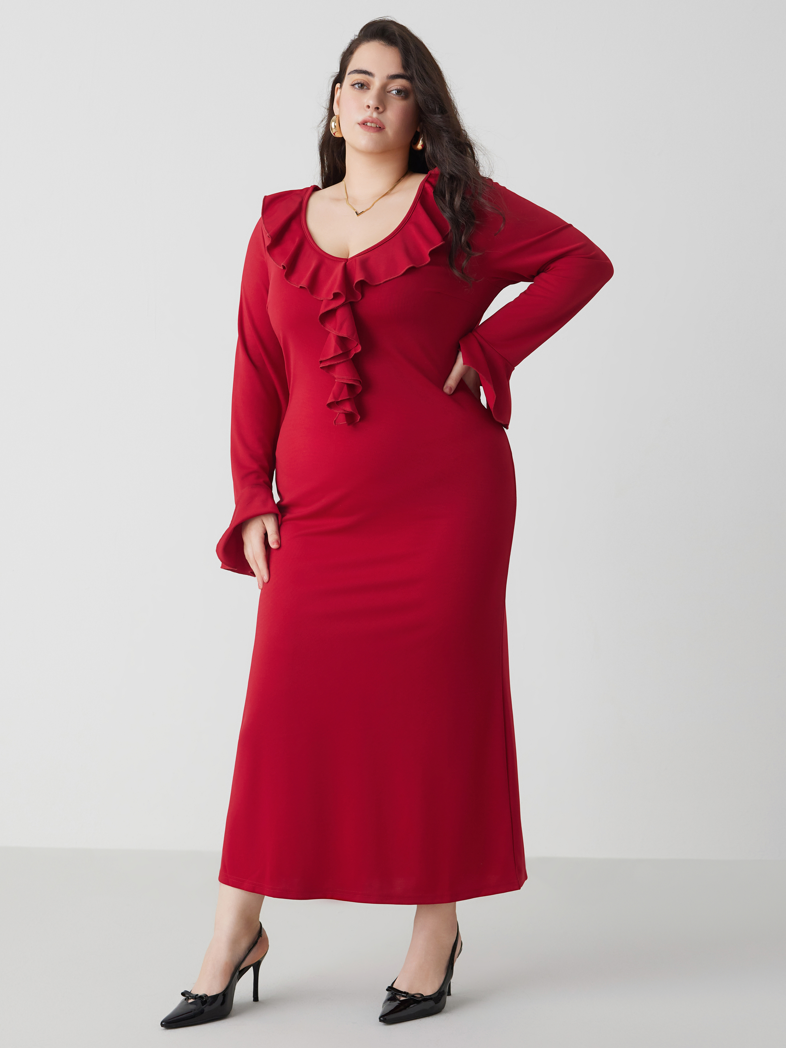 Jersey Jersey V-neck Solid Ruffle Maxi Dress Curve & Plus For Date  Exhibition Holiday