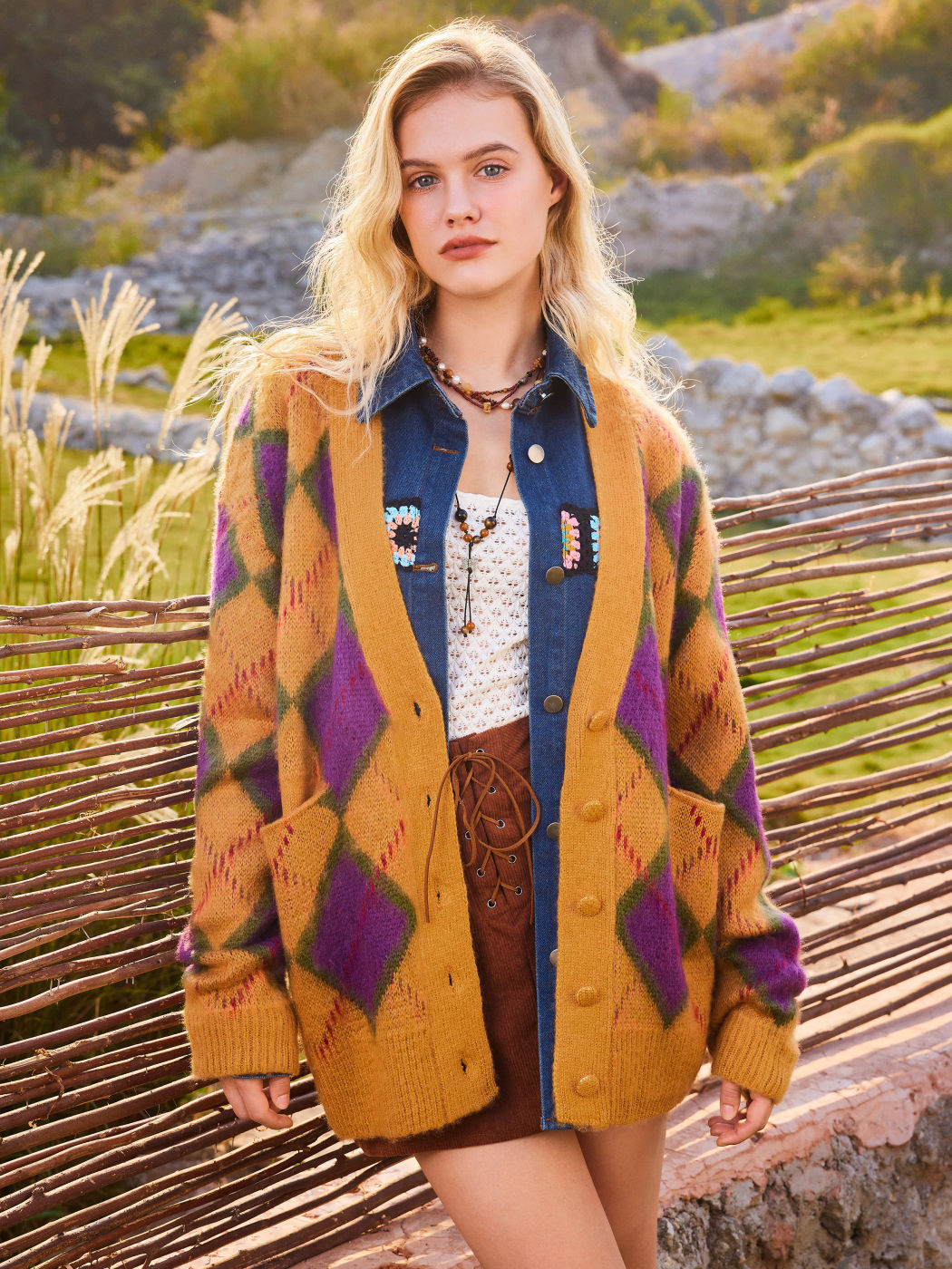V-neck Argyle Pattern Cardigan