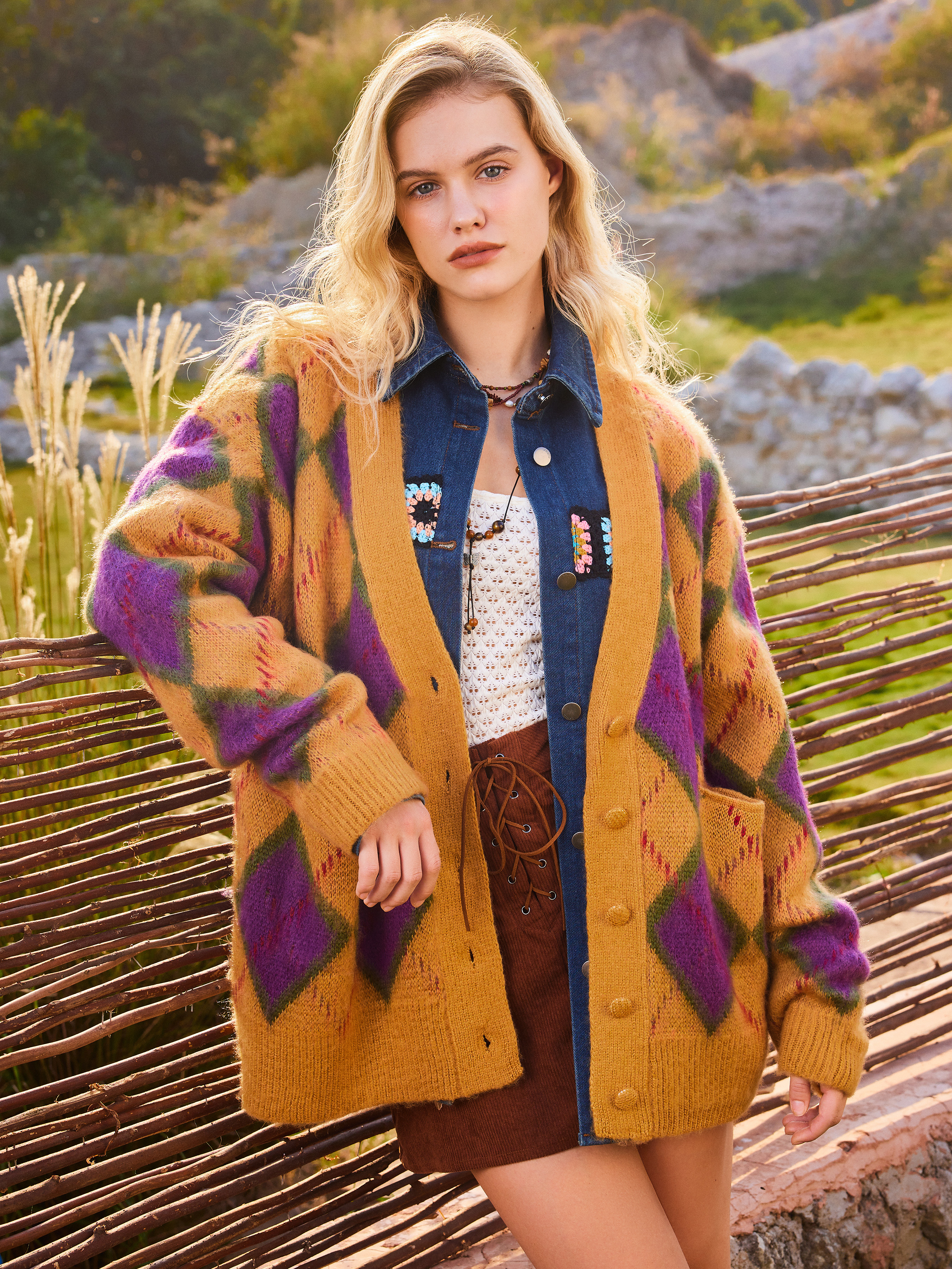 ニット生地 Vネック・アーガイル柄カーディガン For デイリー