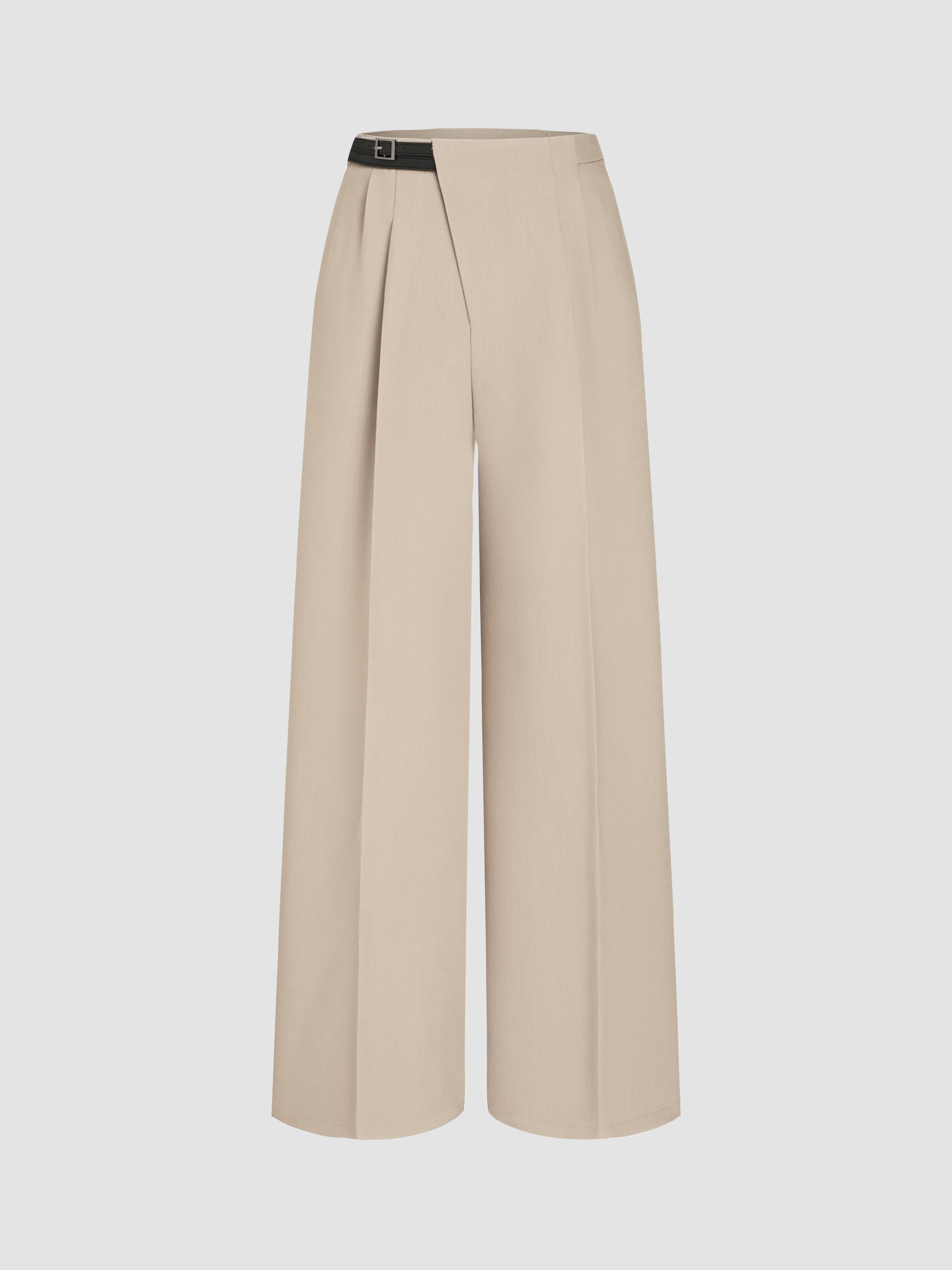 【STUDIO DOE】Mid-Low Rise Textured Reflected Wide Pants Woven Petite Mid Rise Solid Belted Straight Leg Trousers For