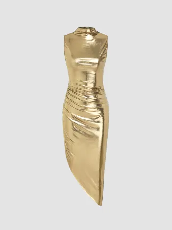 High Neck Metallic Ruched Midi Dress