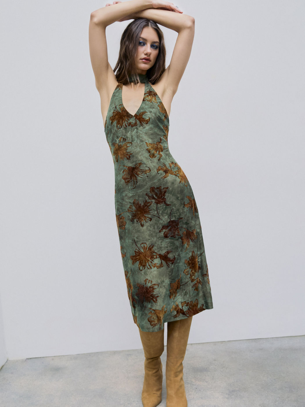 Halter V Neck Floral Midi Dress