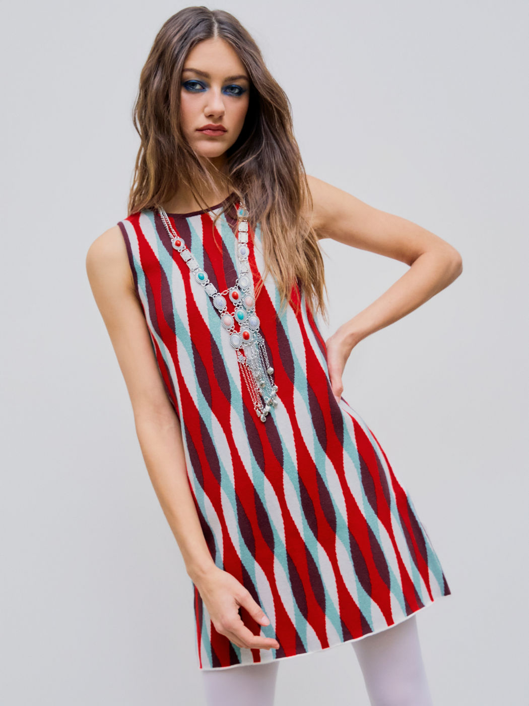 Knit Round Neck Abstract Stripe Mini Dress