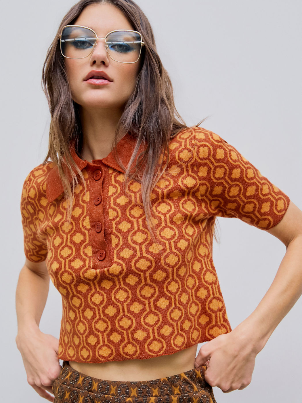  Polo Geometrische Kurzärmlige Strickoberteile Crop Top