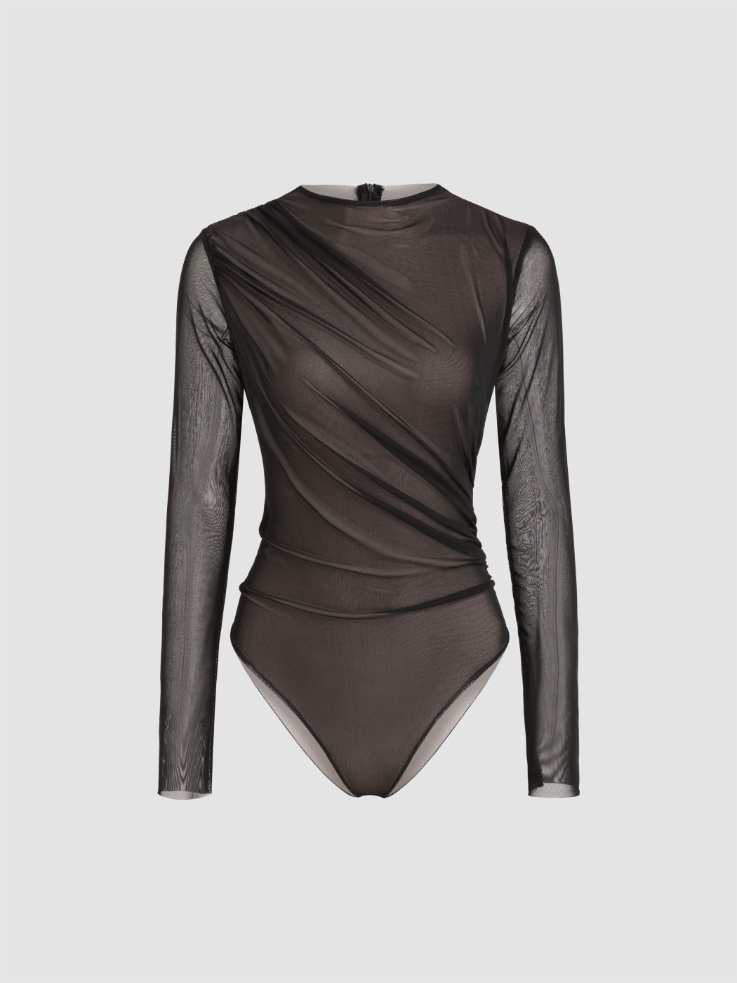 Mesh Round Neck Solid Ruched Bodysuit