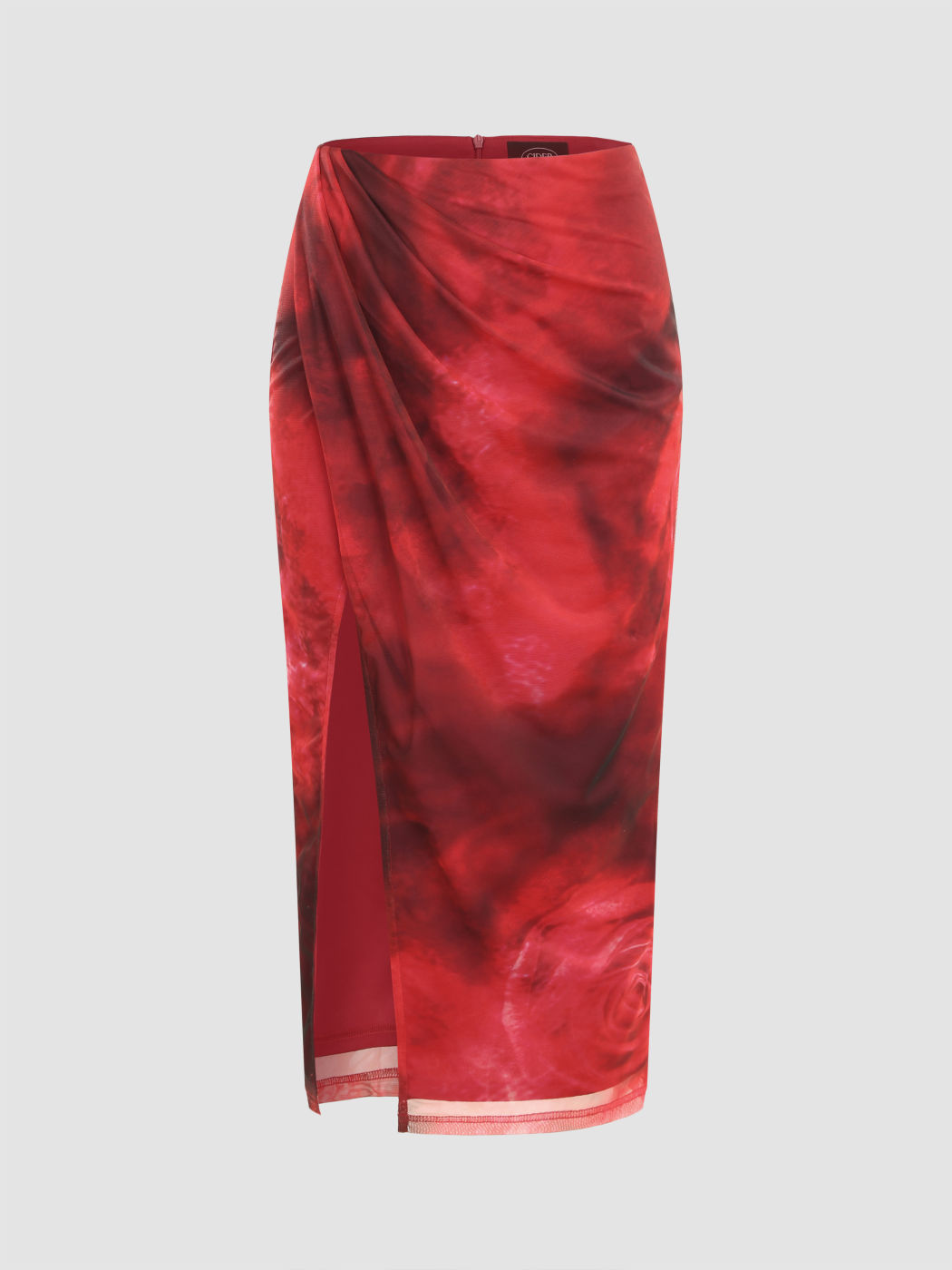 Mesh Mid Rise Rose Print Split Maxi Skirt