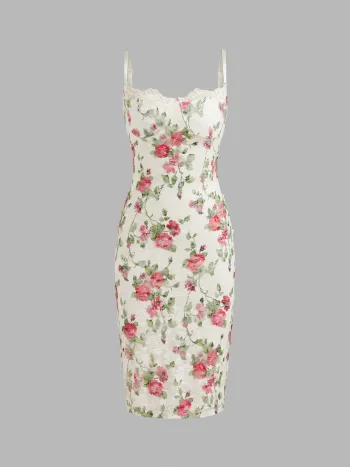 Lace Square Neck Floral Midi Dress