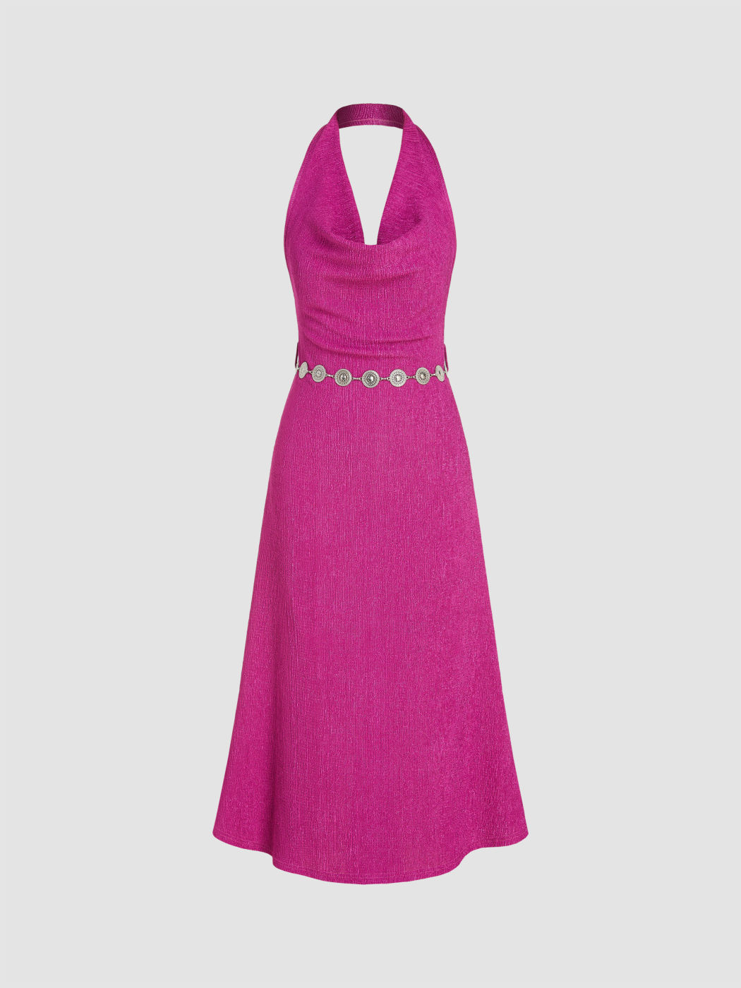 Halter high neck contrast textured backless midi dress