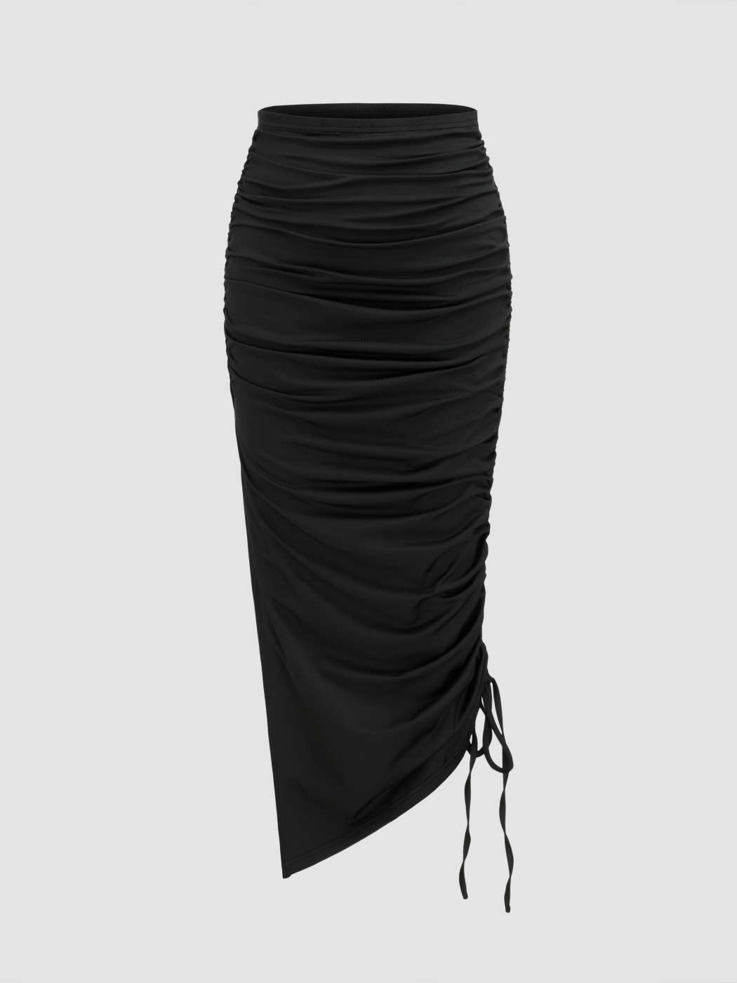 Knit Fabric Mid Rise Solid Drawstring Split Maxi Skirt For Date