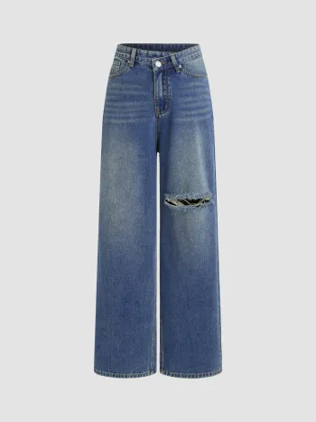 Denim High Rise Ripped Straight Leg Jeans