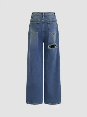 Denim High Rise Ripped Straight Leg Jeans