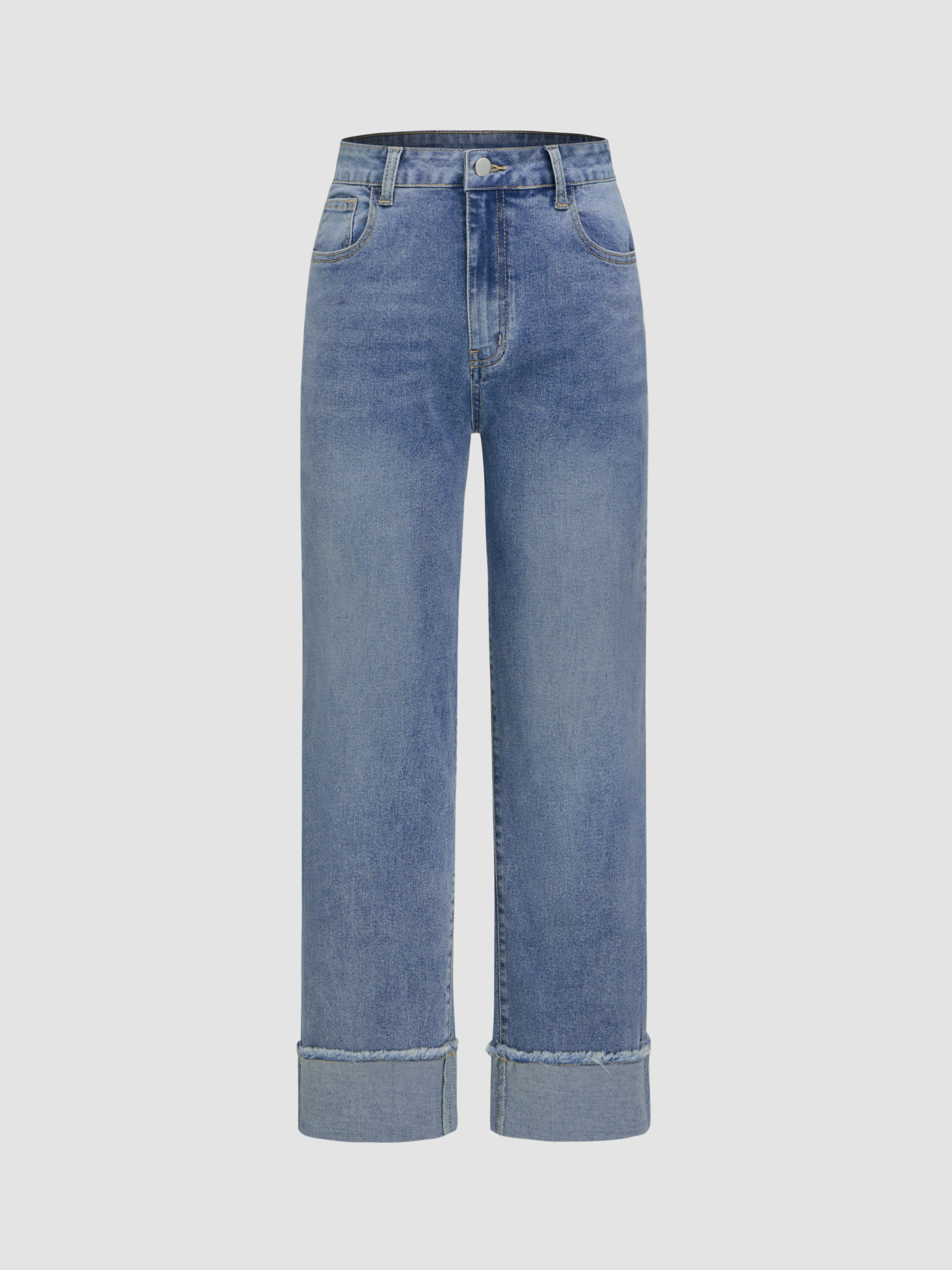 Stretchy Denim Solid Straight Leg Roll-Up Mom Jeans