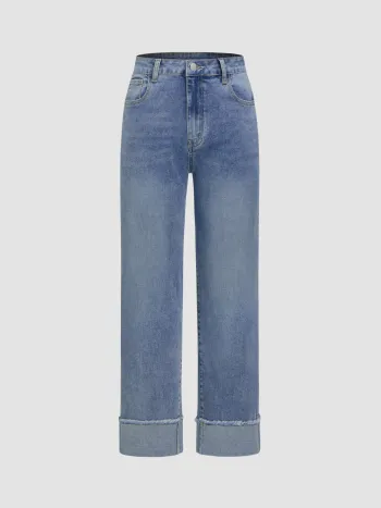 Mid Rise Denim Solid Straight Leg Roll-Up Mom Jeans