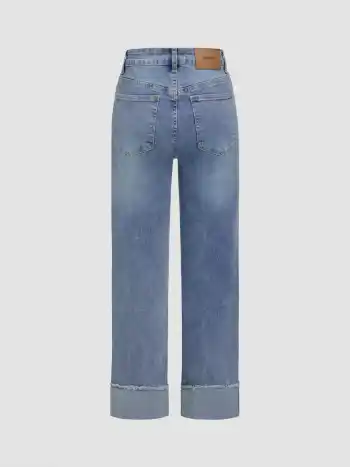 Mid Rise Denim Solid Straight Leg Roll-Up Mom Jeans