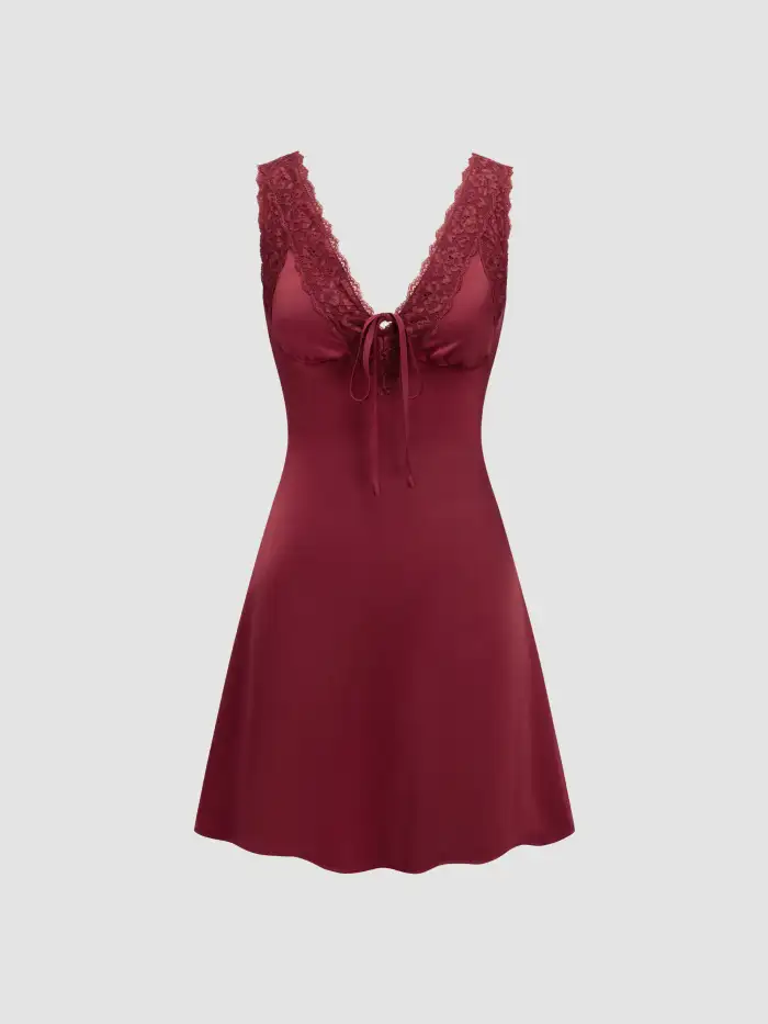V-neck Lace Bowknot Mini Dress