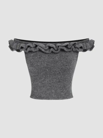 Off-Shoulder Solid Knitted Crop Short Sleeve Top