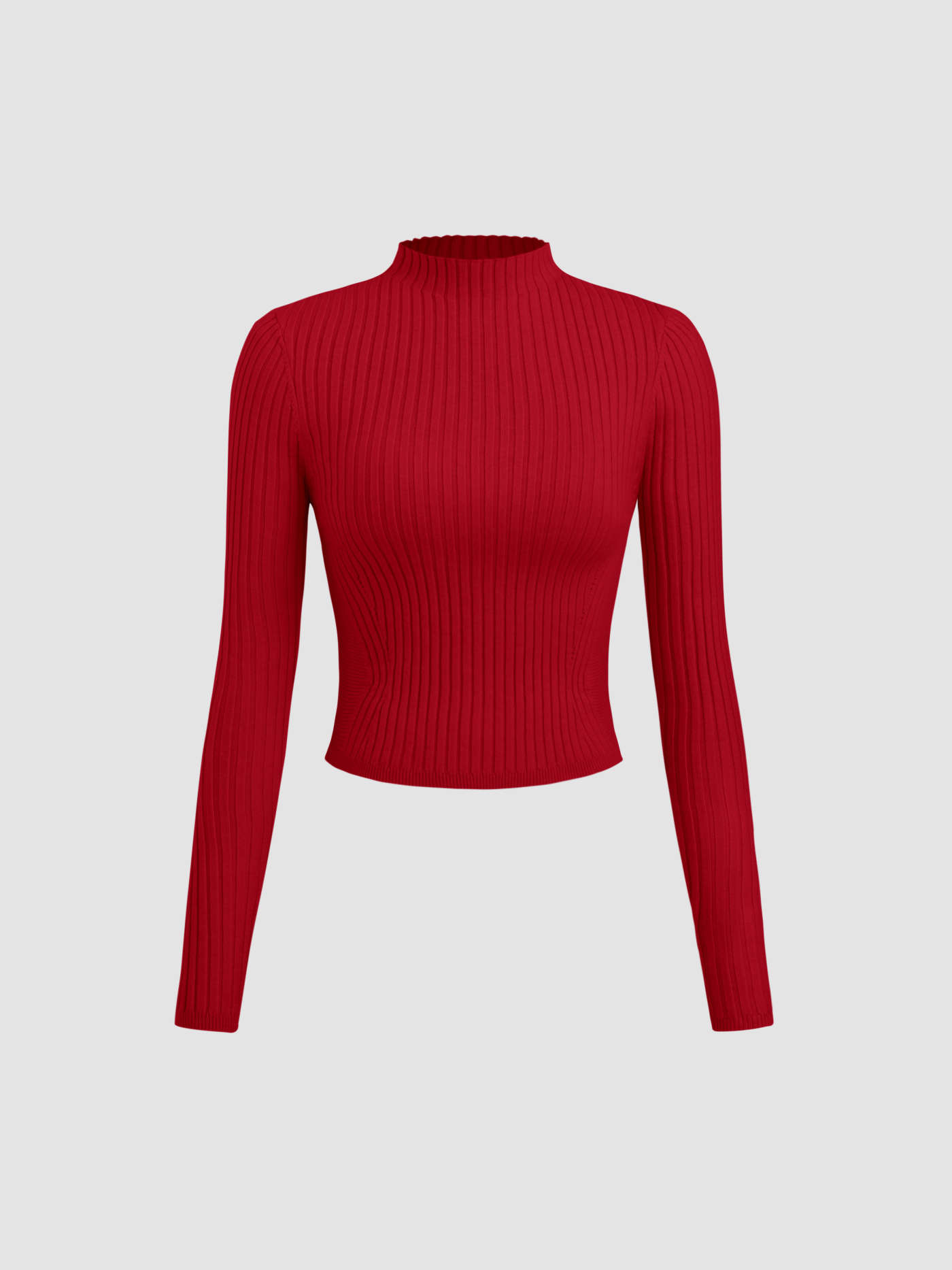 Rib Knit Stand Neck Solid Long Sleeve Top