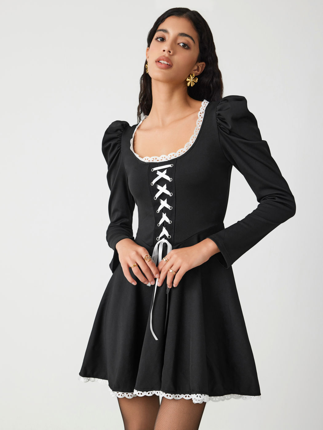 Square Neck Lace Up Puff Sleeve Solid Ruffle Mini Dress