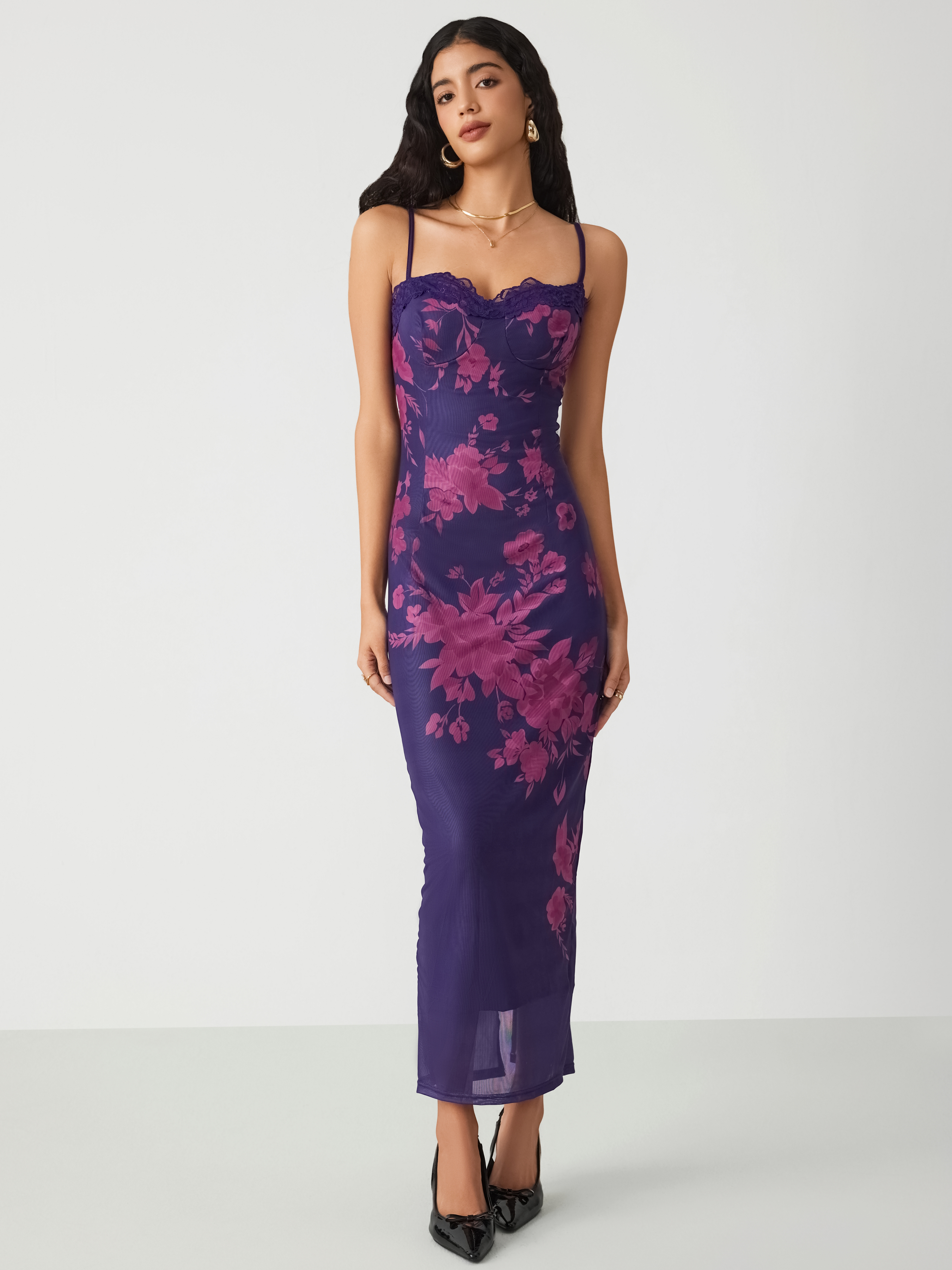 Mesh Sweetheart Floral Split Maxi Dress For Date Party/Clubbing