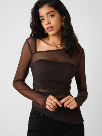 Mesh Asymmetrical Neck Long Sleeve Top