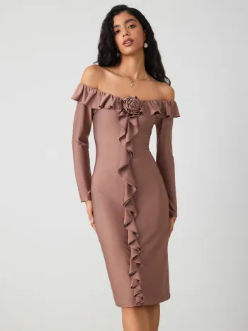  Schulterfreies 3D-Rosen-Rüschen-Saum Midikleid