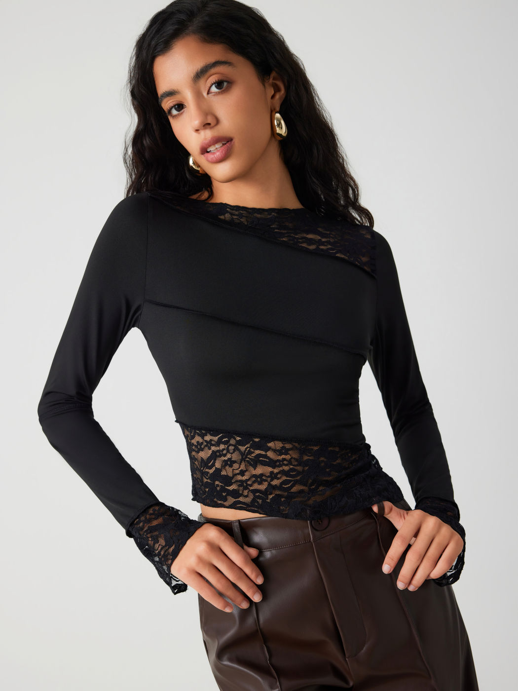 Boat Neck Lace Long Sleeve Top For Date