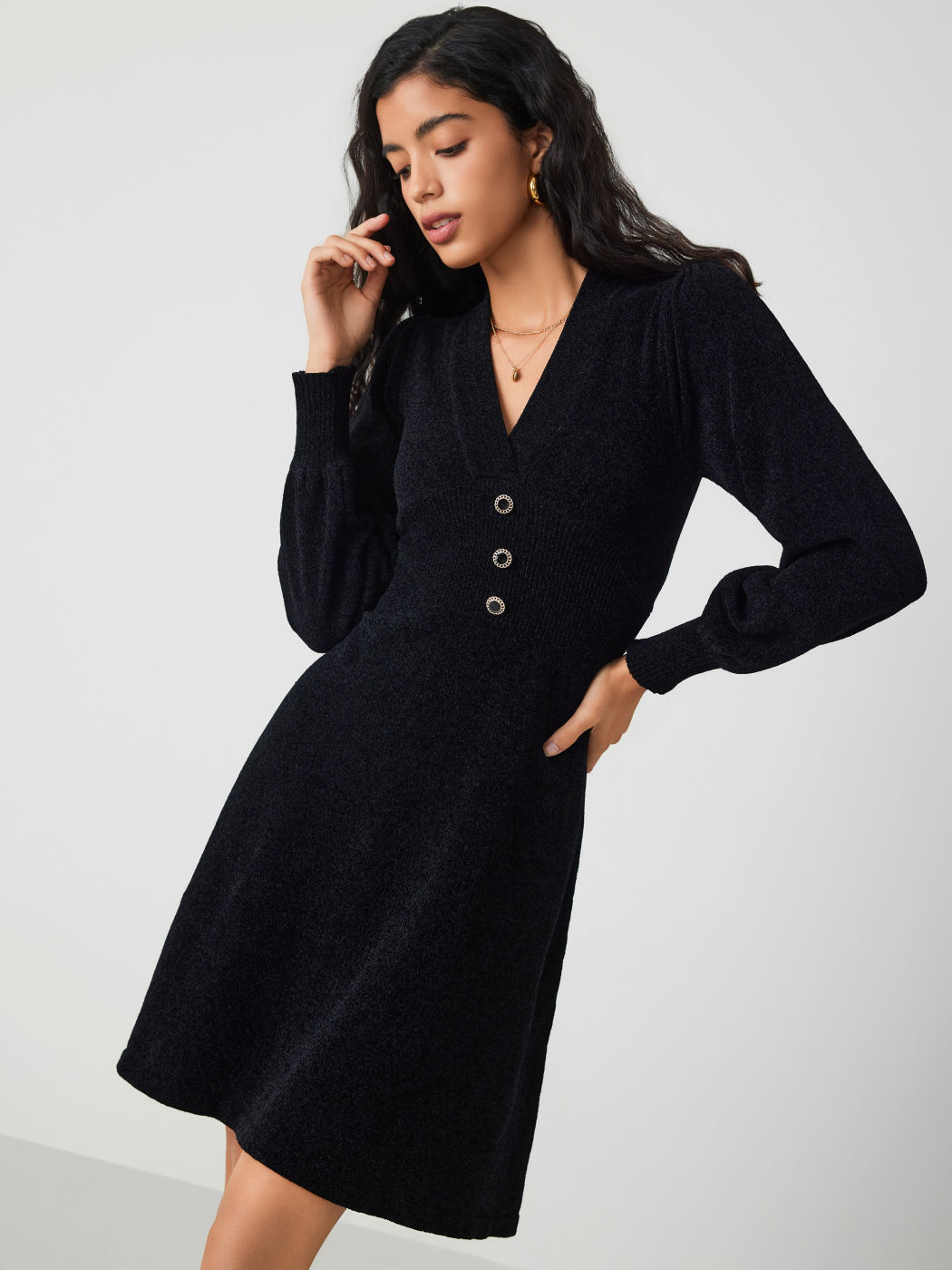 V-neck Button Ruffle Knitted Midi Dress