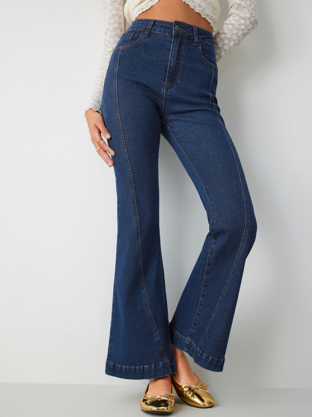 Denim Middle Waist Solid Flared Jeans