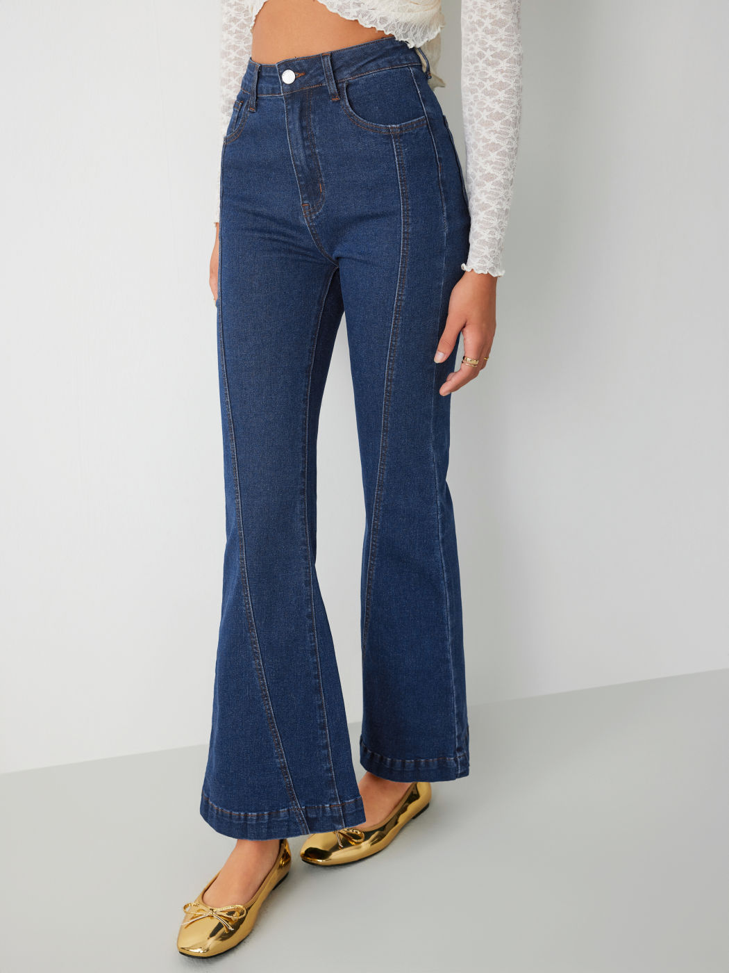 Denim Middle Waist Solid Flared Jeans