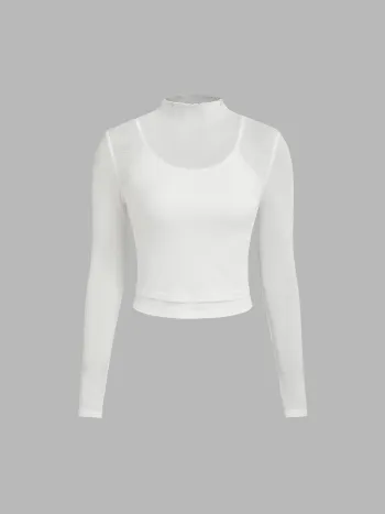 High Neck See-Through Long Sleeve Top With Cami Top