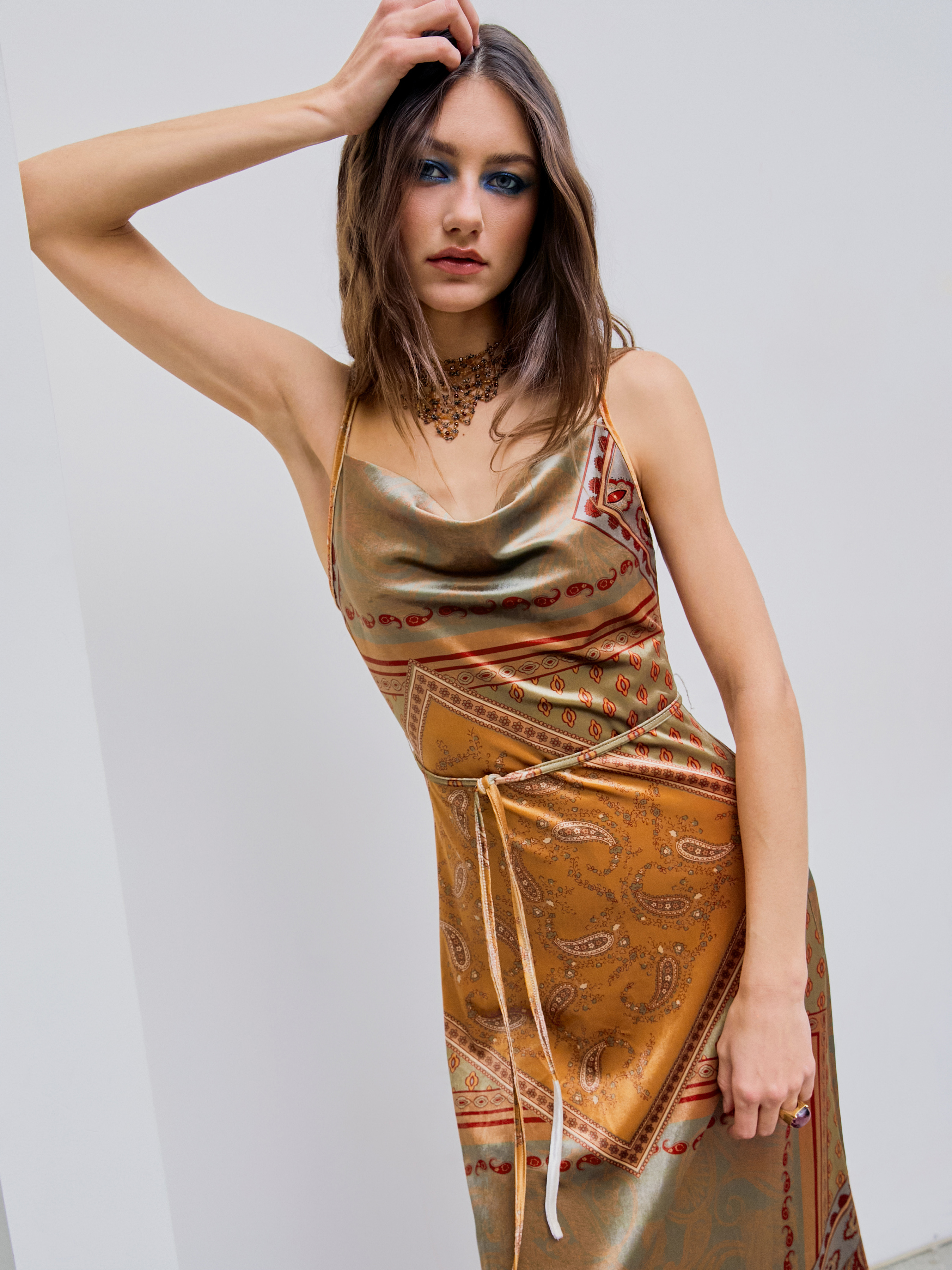 Velvet Cowl Neck Paisley Ruffle Midi Dress