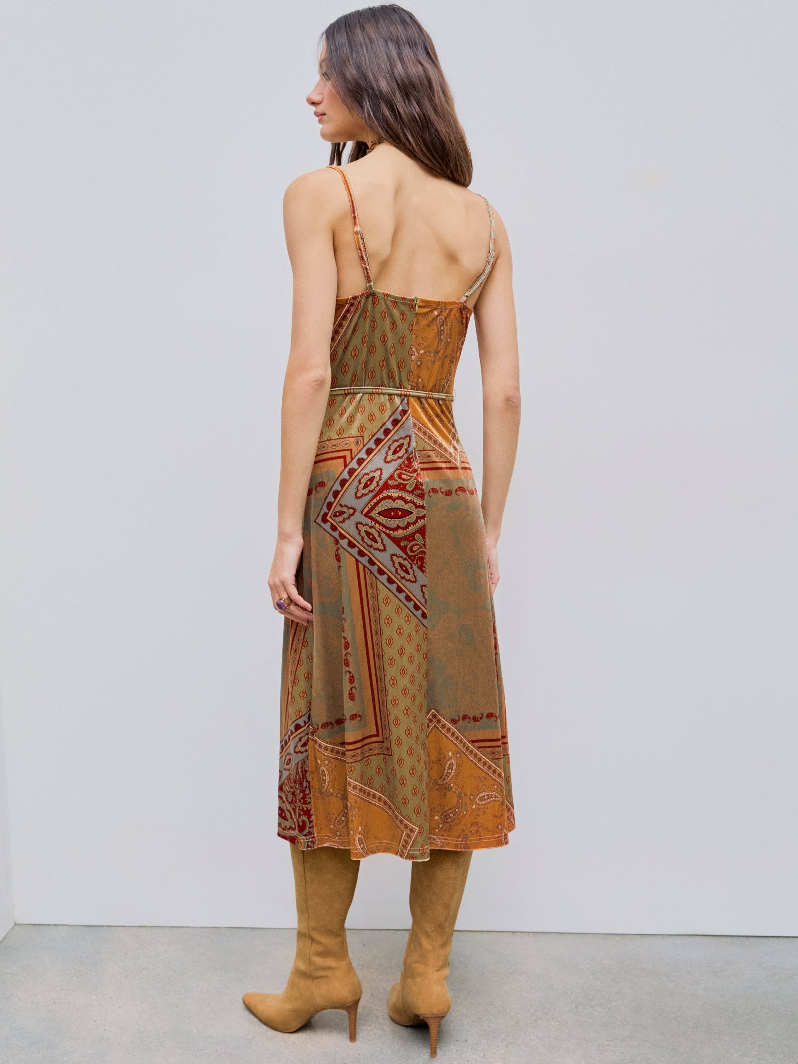 Velvet Cowl Neck Paisley Ruffle Midi Dress