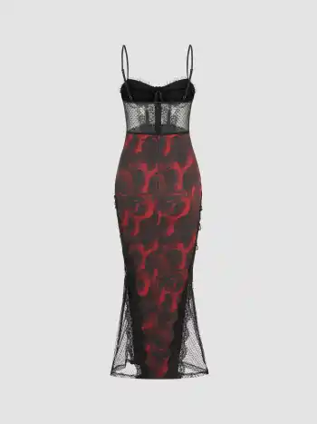 Mesh Lace Rose Floral Corset Maxi Dress